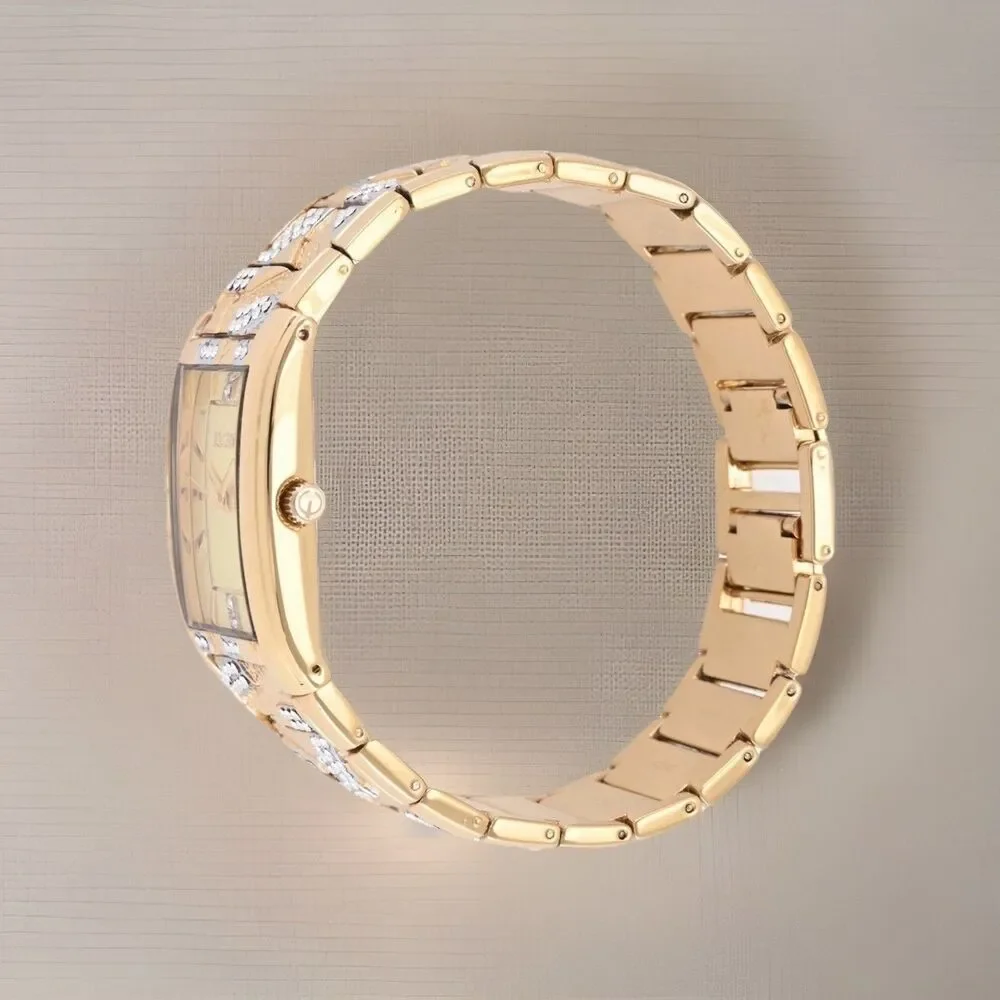 Elgin Men's Gold Tone Rectangular Watch Crystal Accent Textured Bracelet NIB